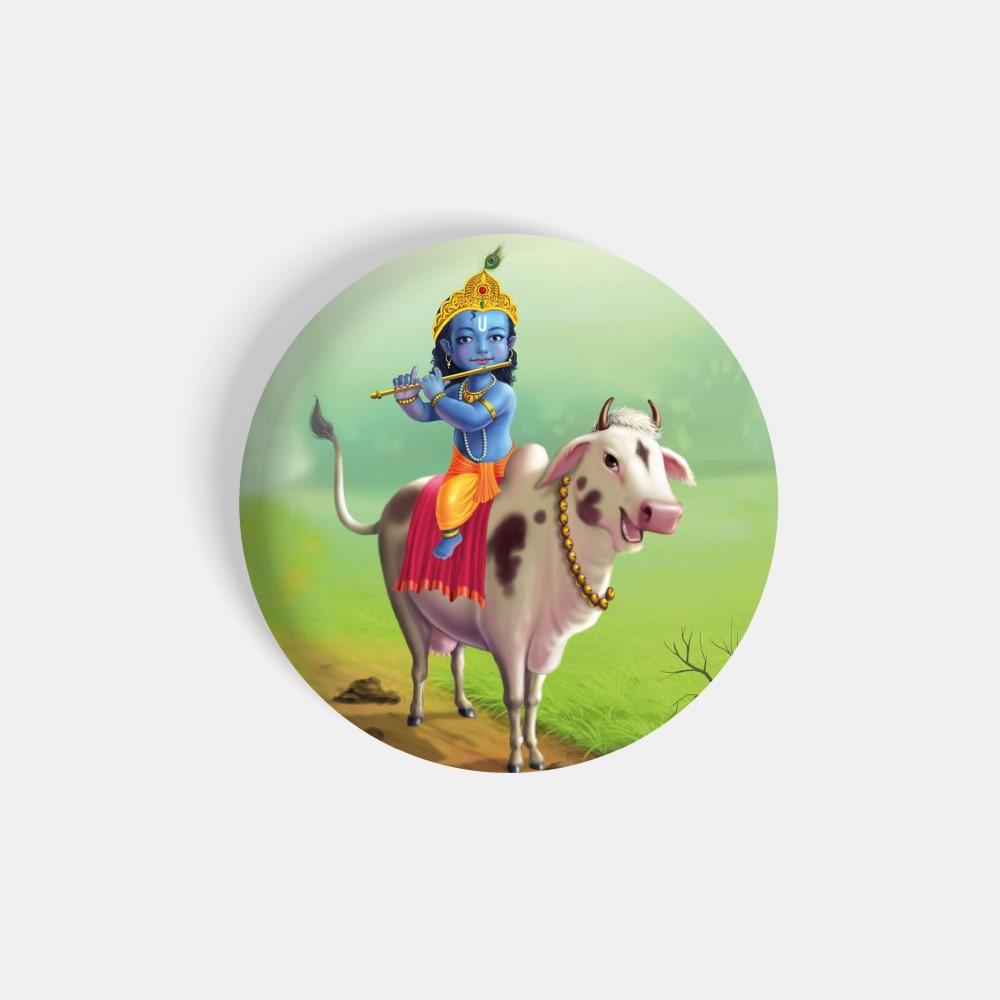 dhcrafts Magnetic Badges Green Color Baal Krishna On Cow D16 Glossy Finish  Design Pack of 1 - dhcrafts